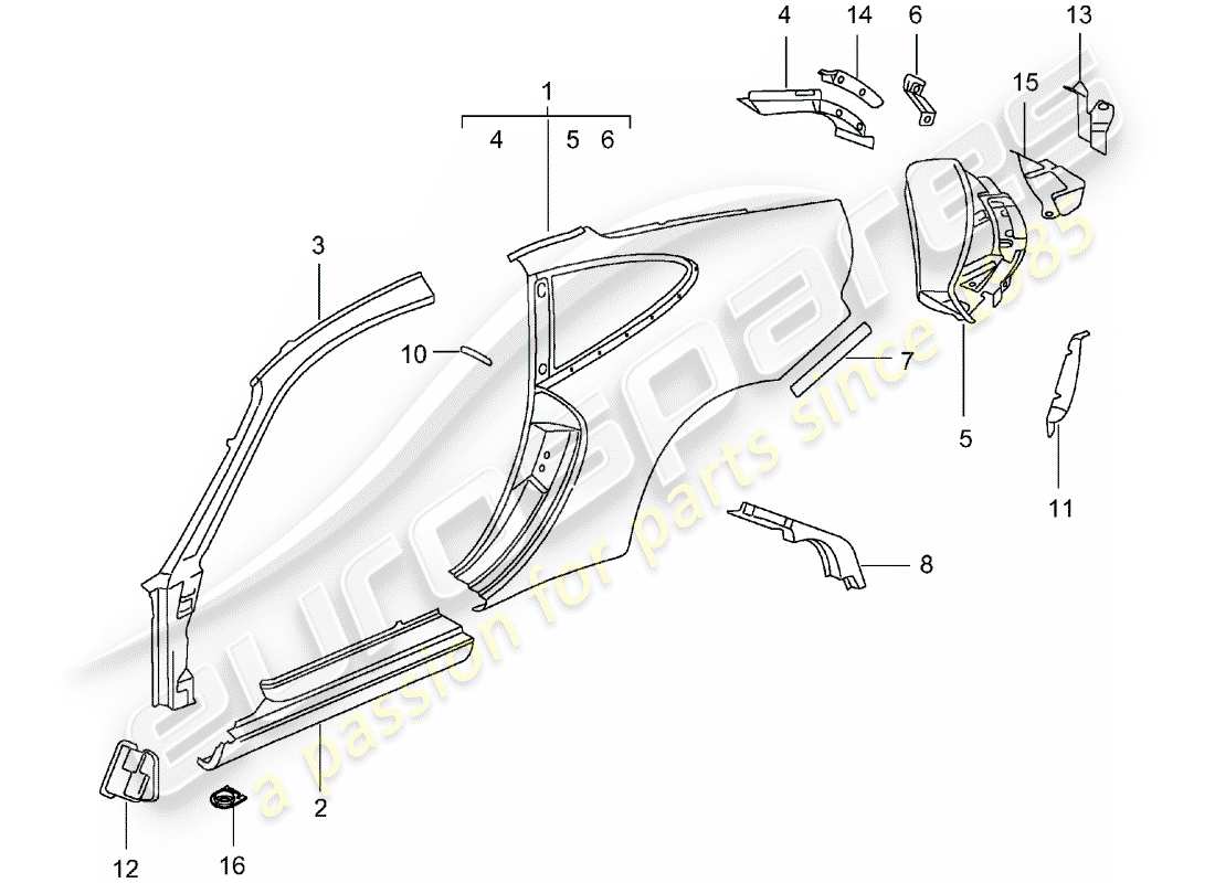 porsche 2001 (996 gt3) pannello laterale diagramma delle parti