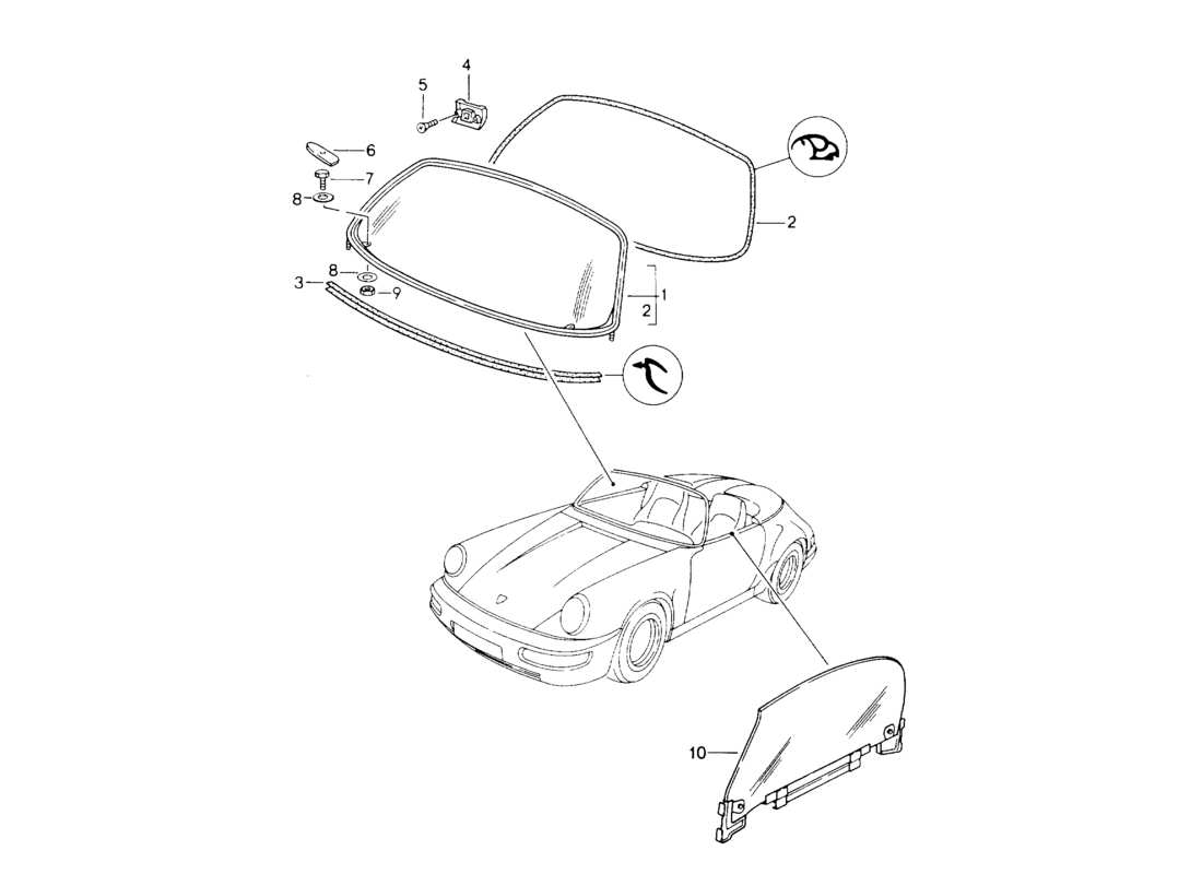 porsche 1994 (964) vetri della finestra diagramma delle parti