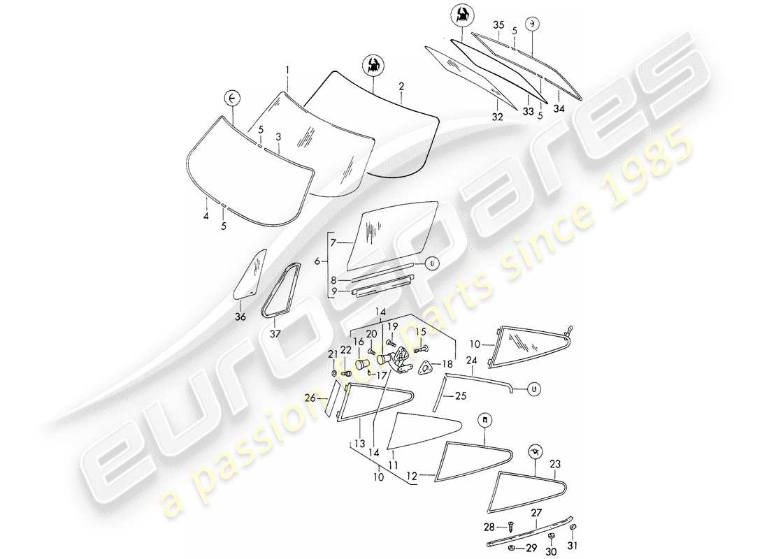 porsche 1966 (911/912) vetri finestra - d - mj 1969>> diagramma delle parti