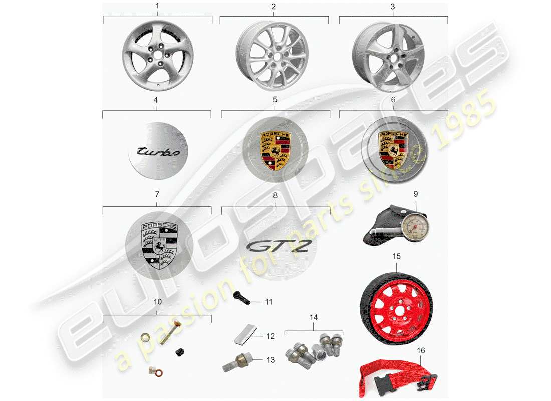 porsche 2005 (996 turbo / gt2) ruote diagramma delle parti