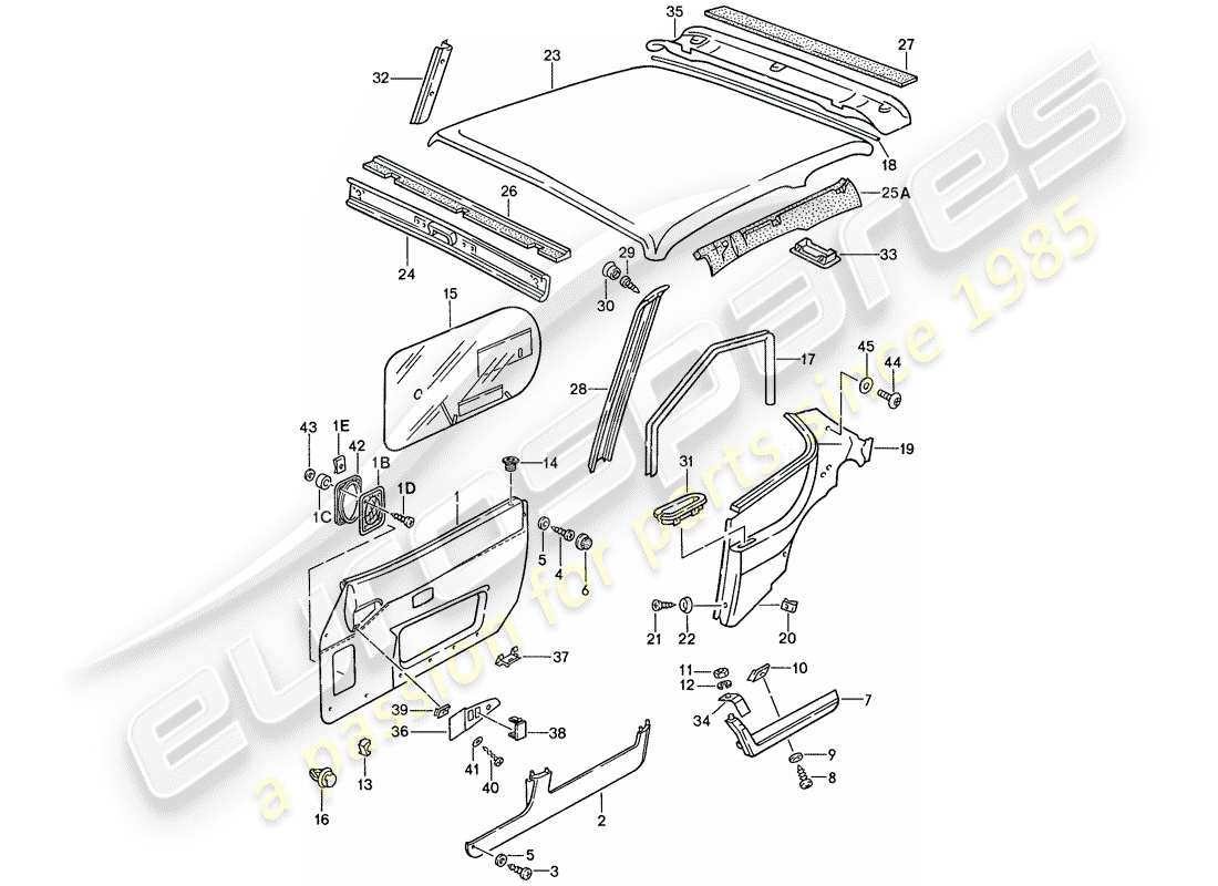 porsche 1990 (944) pannello portiera - pannello di rivestimento del tetto schema delle parti
