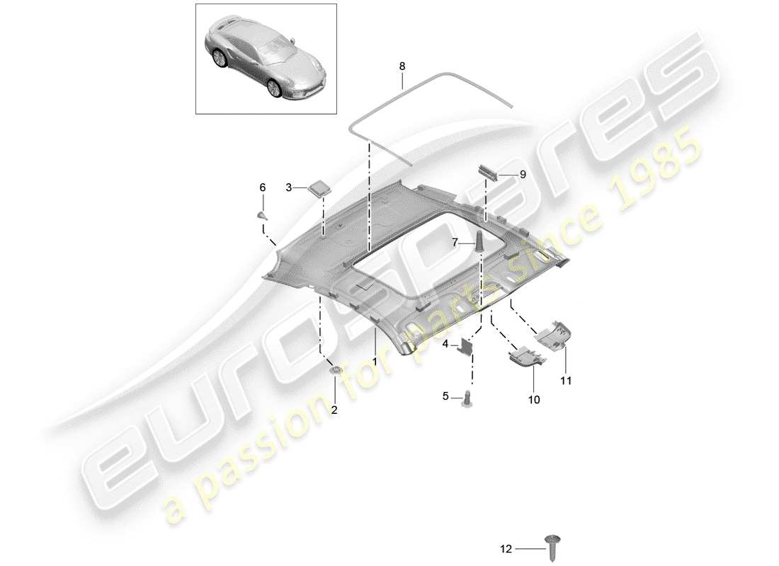 porsche 2016 (991-1 turbo) pannello di rivestimento del tetto schema delle parti