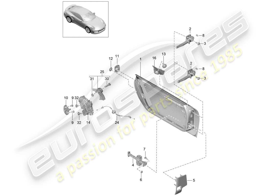 porsche 991 turbo (2016) guscio della porta diagramma delle parti