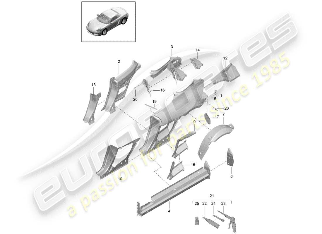 porsche 718 boxster (2019) pannello laterale schema delle parti