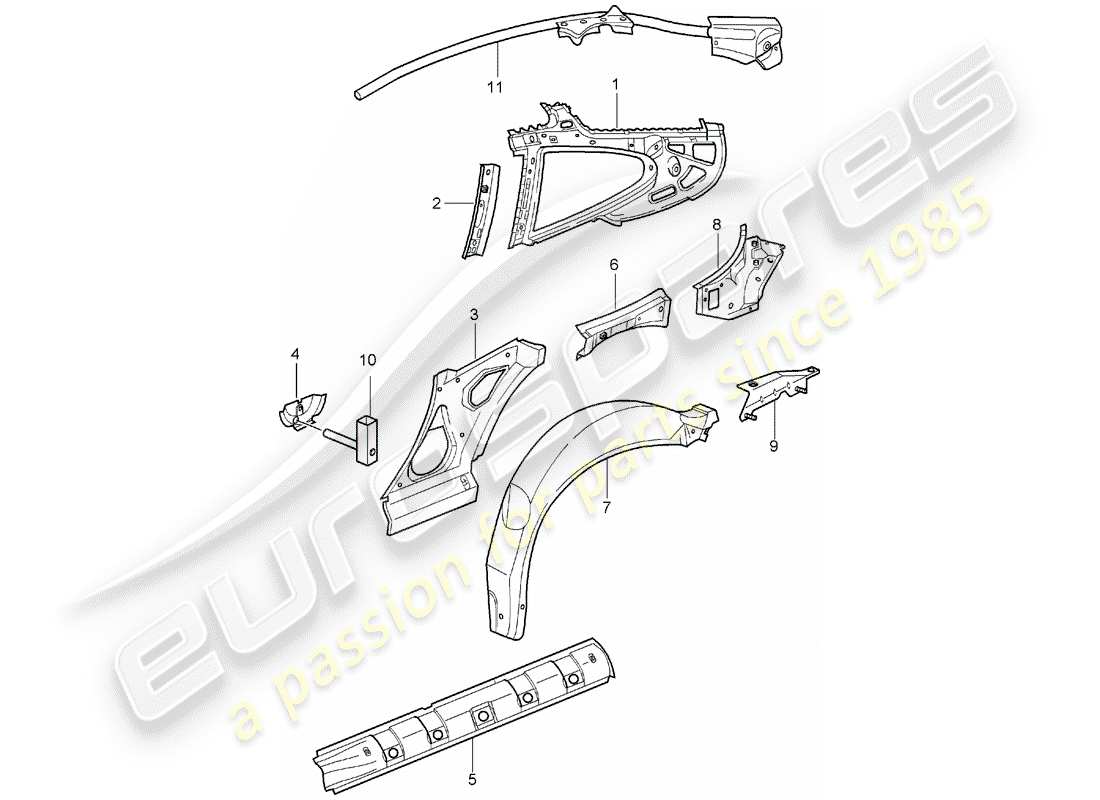 porsche 2001 (996 gt3) pannello laterale schema delle parti