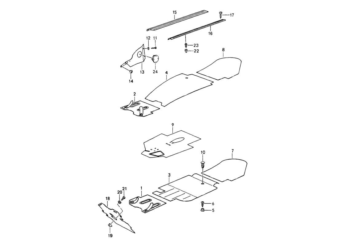porsche 1994 (964) finiture - vano piedi - moquette staccabile diagramma delle parti