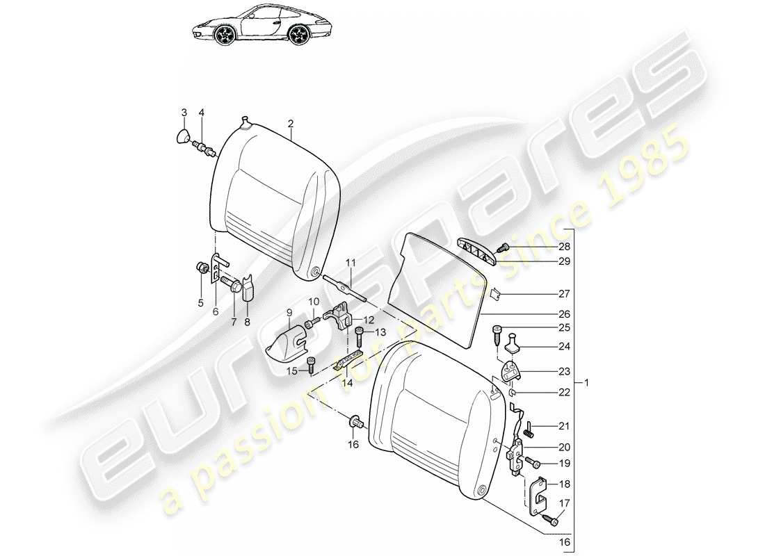 porsche 2001 (996) schienale del sedile di emergenza diagramma delle parti