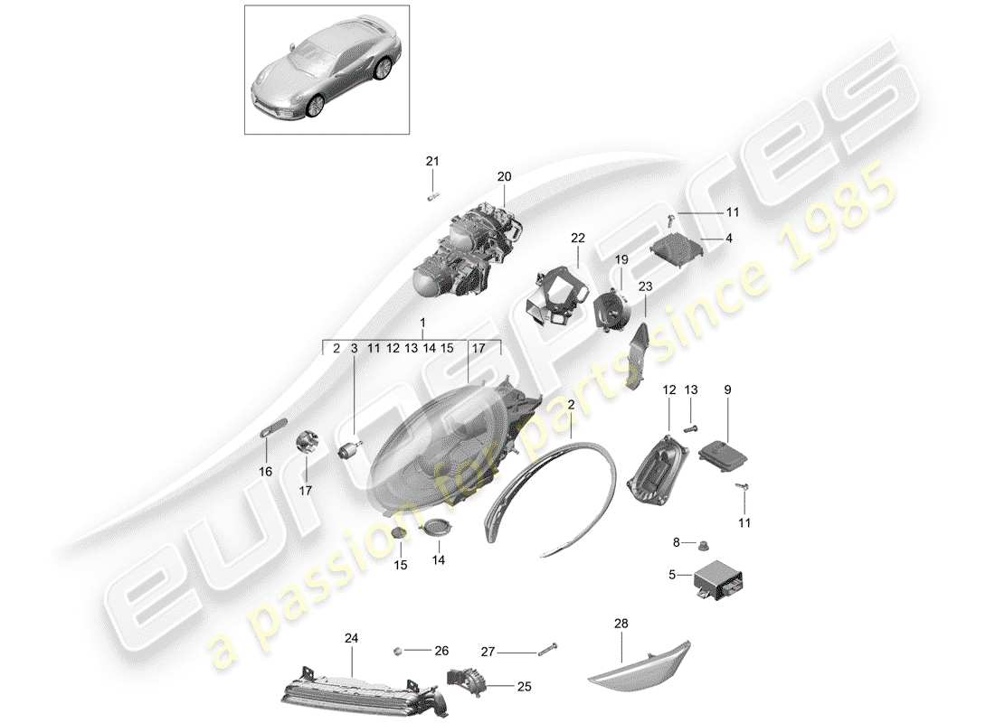 porsche 2015 (991-1 turbo) diagramma delle parti del faro