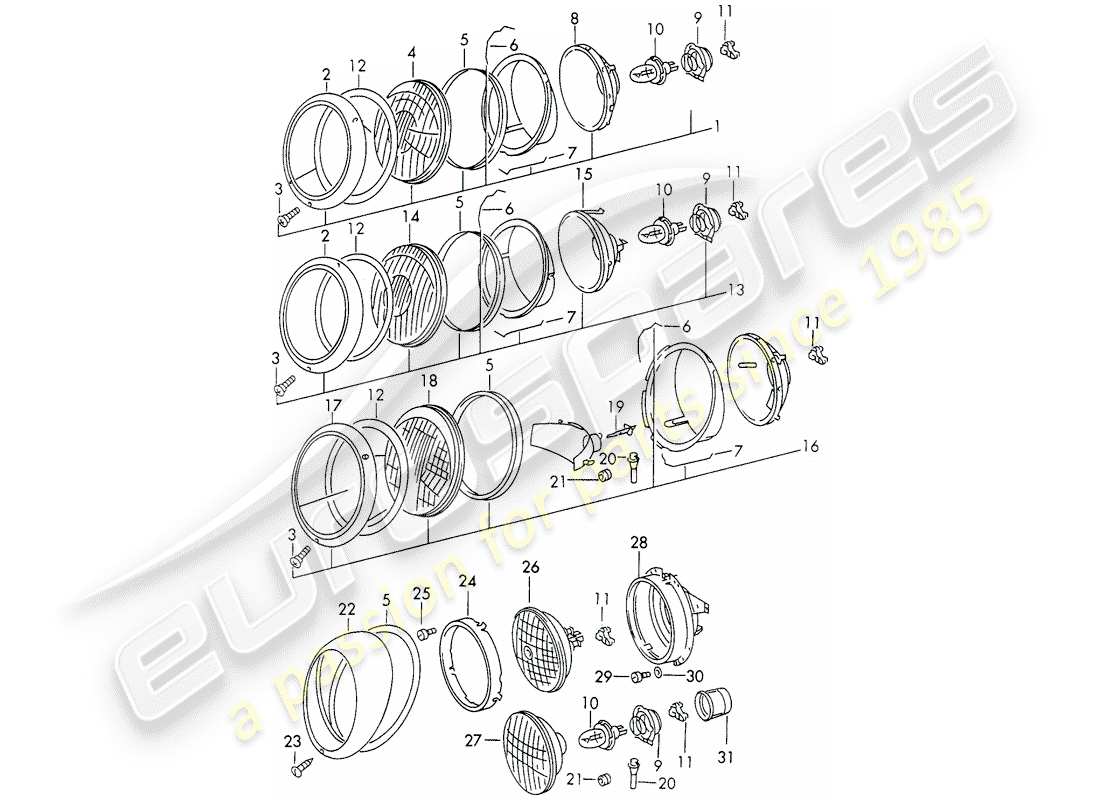 porsche 1966 (911/912) faro - d - mj 1969>> - mj 1969 diagramma delle parti