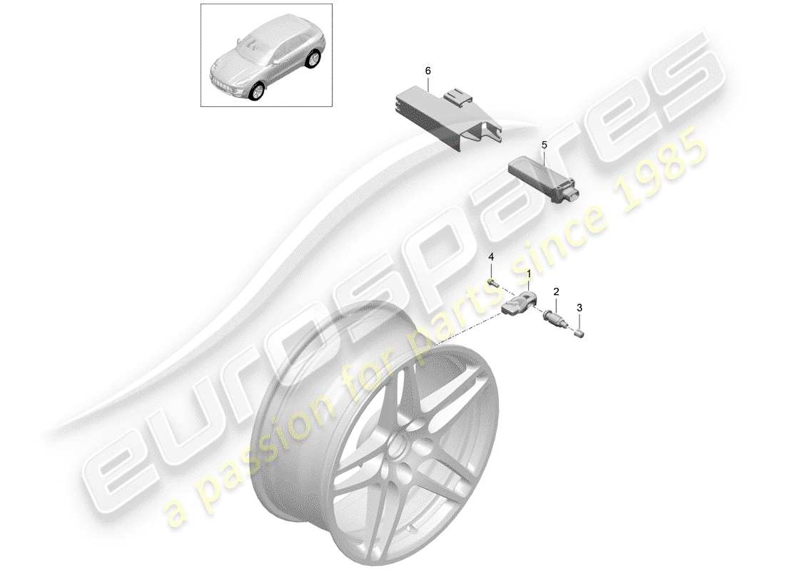 porsche 2016 (macan) schema delle parti del sistema di controllo della pressione dei pneumatici