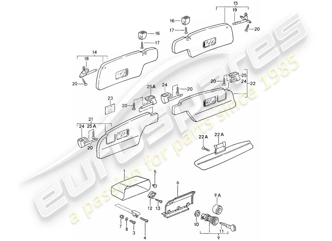 porsche 1990 (964) vano portaoggetti - per auto senza - airbag - visiere parasole schema delle parti