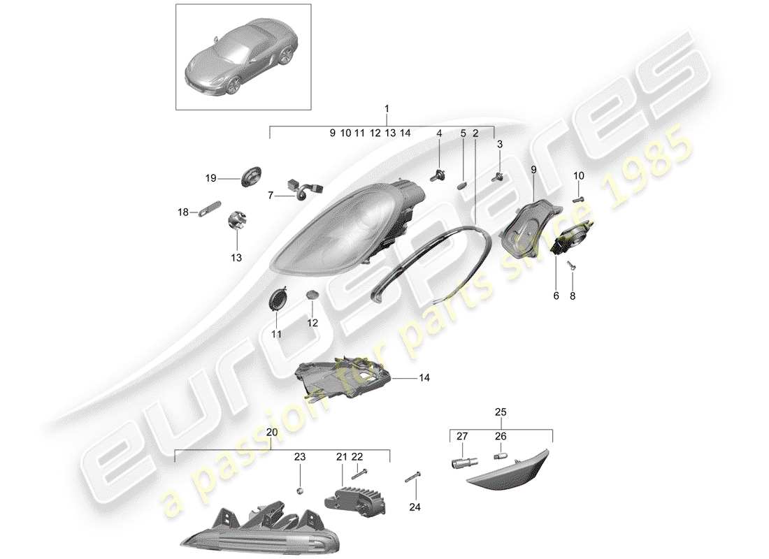 porsche 2014 (981 boxster) faro diagramma delle parti