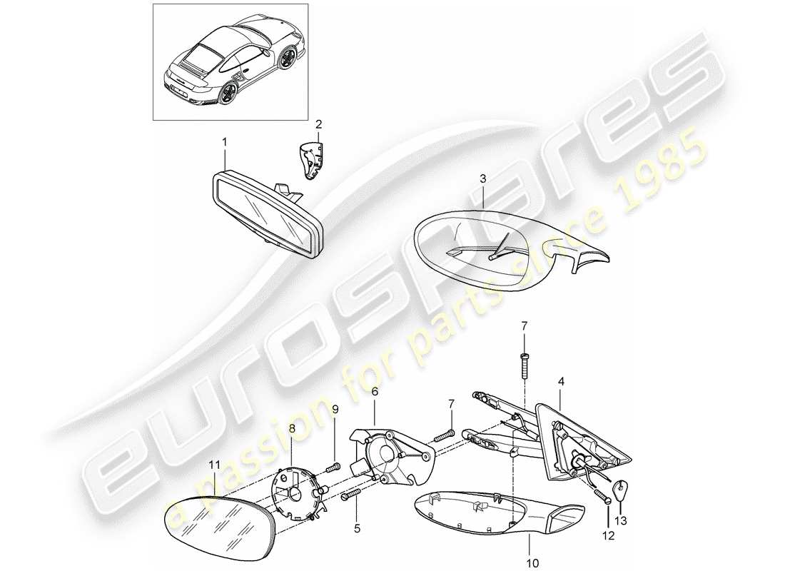 porsche 2009 997-2 turbo / gt2 schema delle parti specchio retrovisore interno