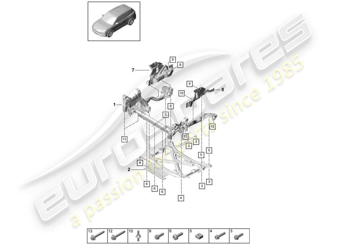 porsche 2020 (cayenne e3 9ya/9yb) diagramma delle parti del subtelaio