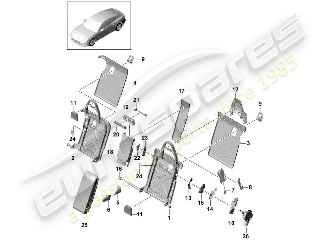 porsche panamera 971 (2017) schienale del sedile posteriore diagramma delle parti