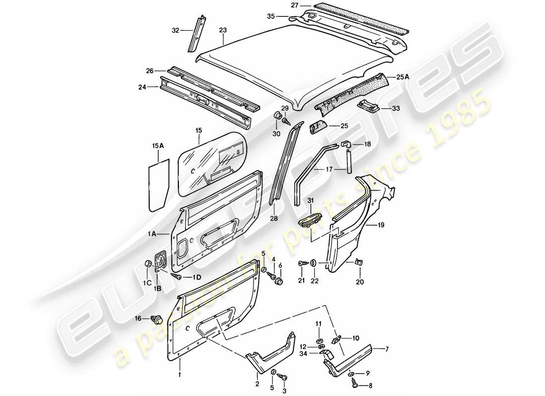 porsche 1982 (944) pannello portiera - pannello di rivestimento del tetto diagramma delle parti