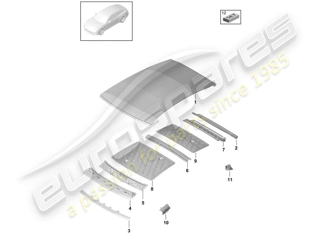 porsche panamera 971 (2019) diagramma delle parti del tetto