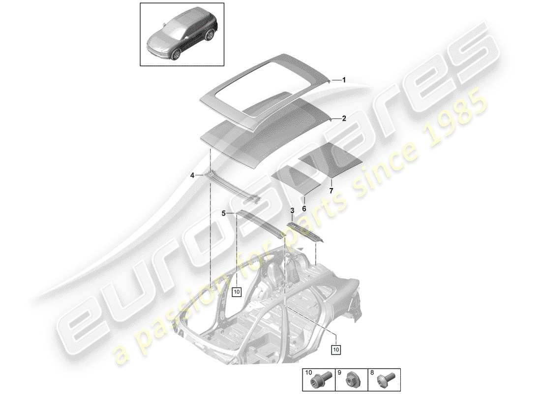 porsche 2020 (cayenne e3 9ya/9yb) diagramma delle parti del tetto