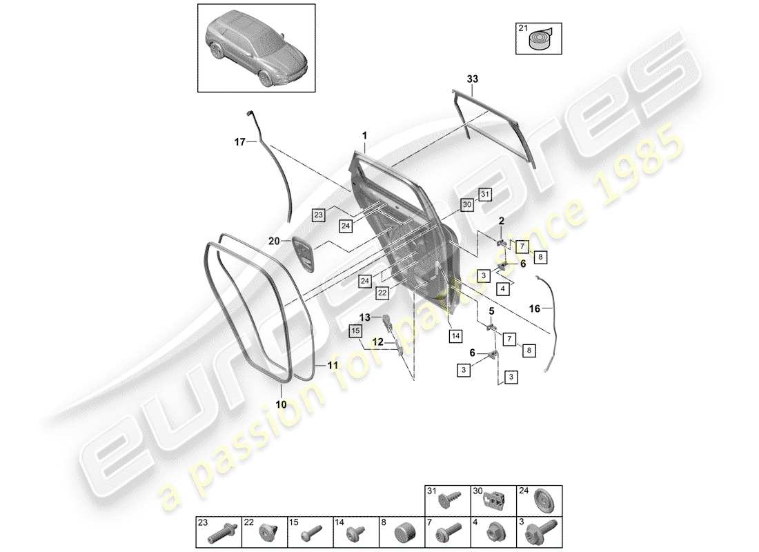 porsche 2020 (cayenne e3 9ya/9yb) schema delle parti guscio della portiera