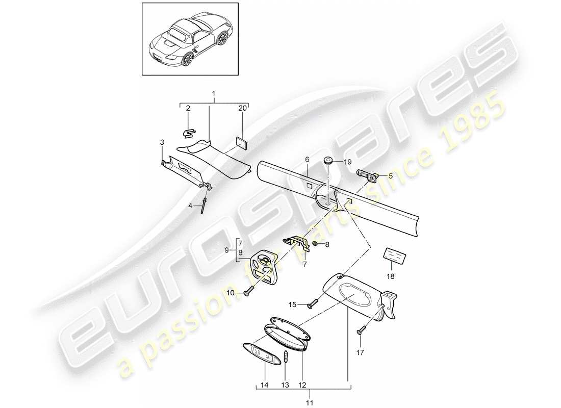 porsche 2010 (987 boxster) telaio parabrezza diagramma delle parti