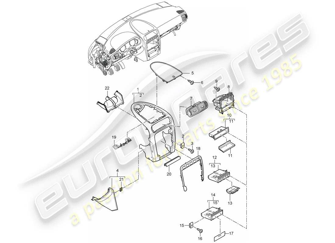 porsche 2008 (cayenne e1 9pa) rivestimento del pannello del cruscotto diagramma delle parti