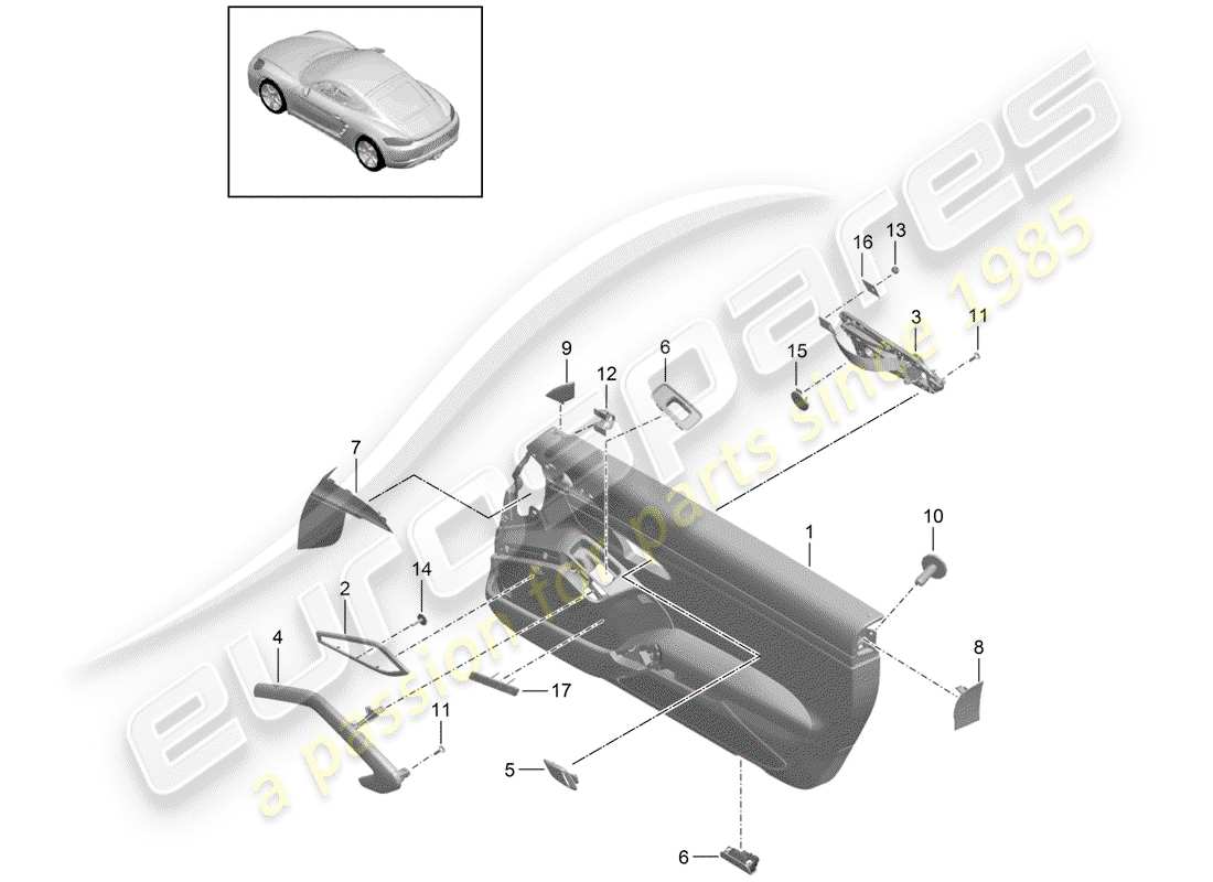 porsche 2017 (718 cayman) schema delle parti del pannello della porta
