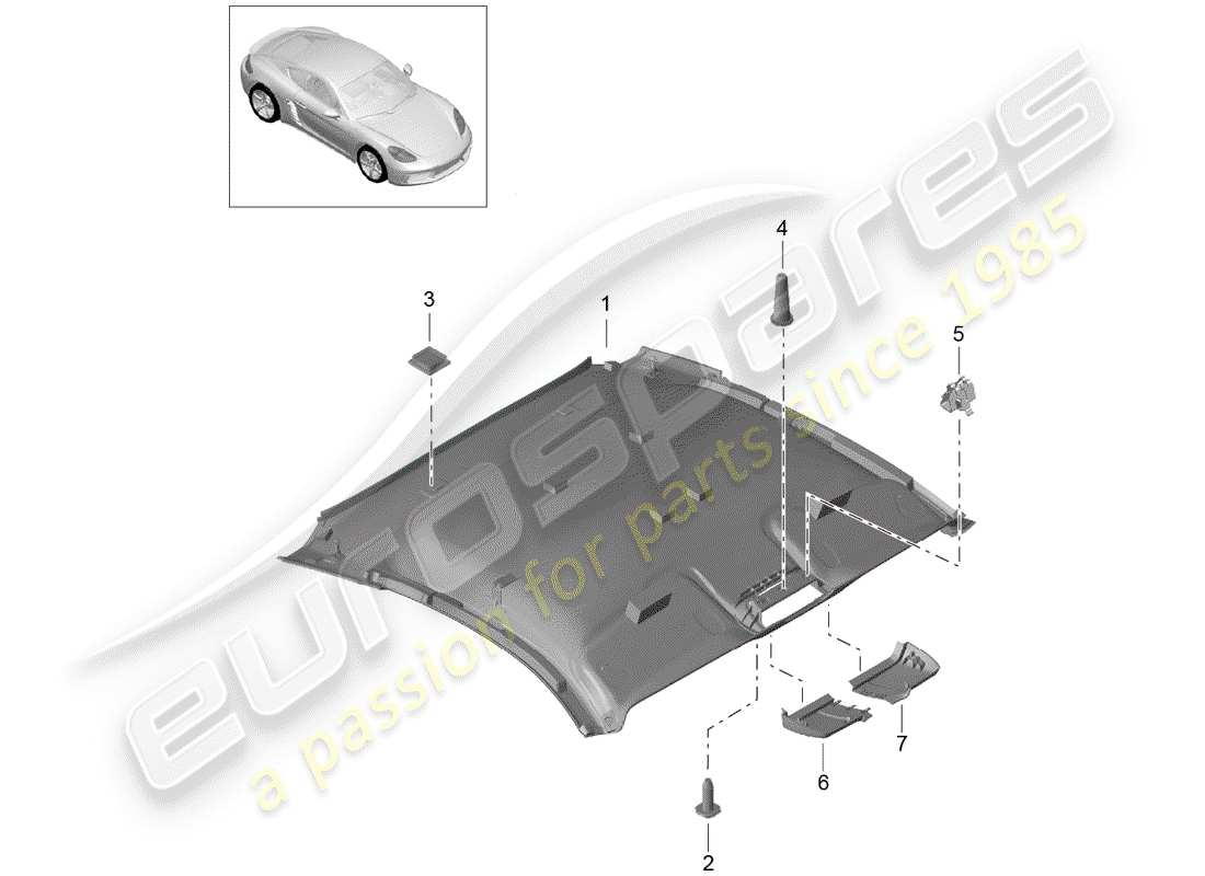 porsche 2017 (718 cayman) pannello di rivestimento del tetto schema delle parti