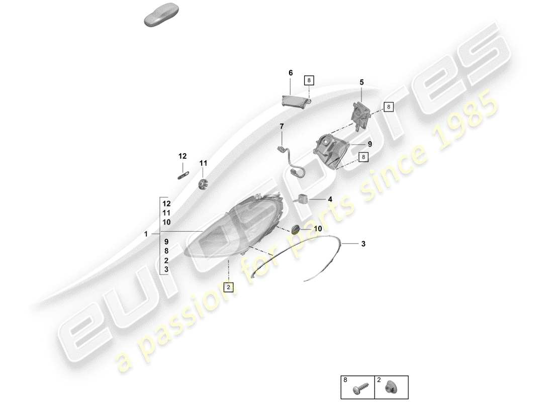 porsche 2019 (718 boxster spyder) diagramma delle parti del faro