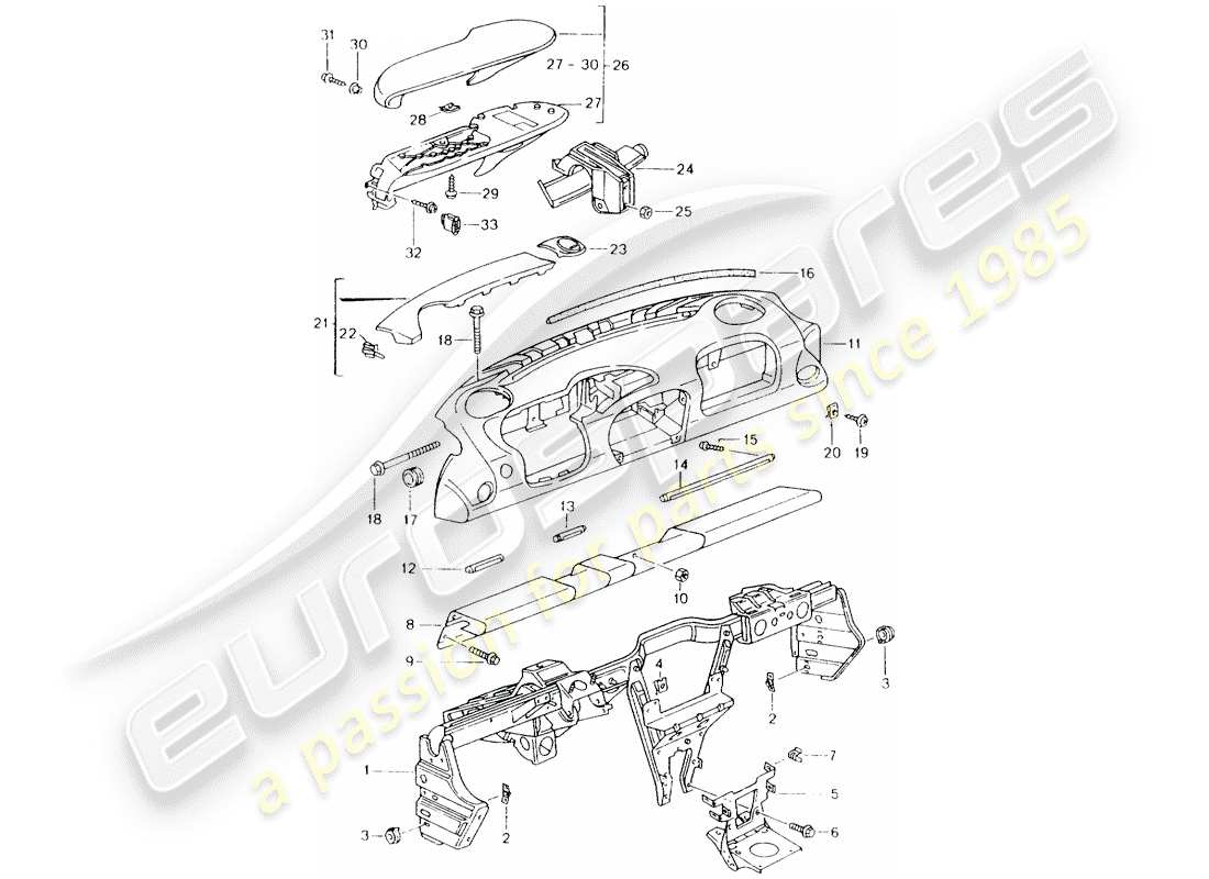 porsche 1999 (986 boxster) rivestimento del cruscotto - con: - telaio di ritegno schema delle parti