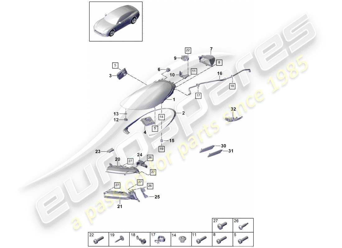 porsche panamera 971 (2019) diagramma delle parti del faro a led