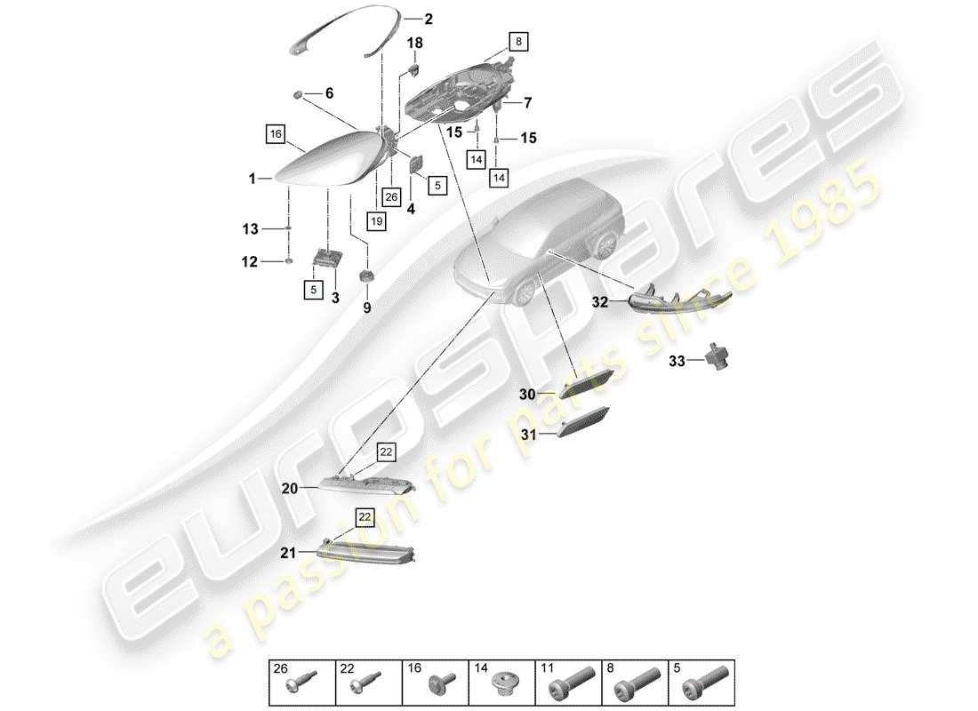 porsche 2020 (cayenne e3 9ya/9yb) diagramma delle parti del faro a led
