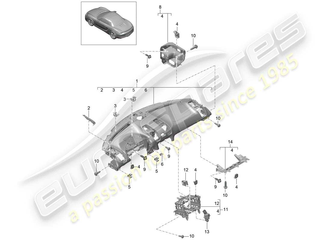 porsche 2016 (981 boxster) rivestimento del pannello del cruscotto diagramma delle parti