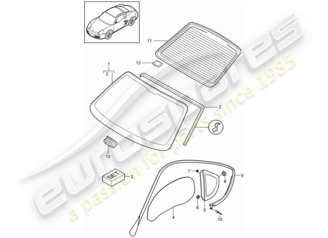 porsche 2012 (987 cayman) vetri della finestra schema delle parti