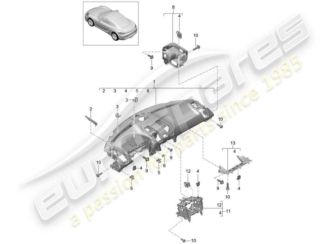 porsche 718 cayman (2020) rivestimento del pannello cruscotto diagramma delle parti