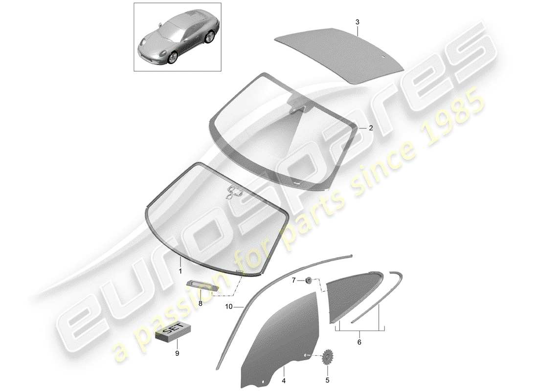 porsche 2015 (991-1) vetri della finestra diagramma delle parti