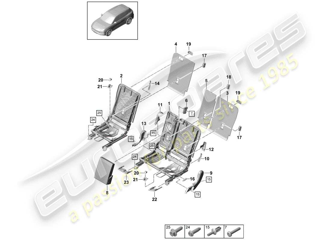 porsche 2020 (cayenne e3 9ya/9yb) schienale del sedile posteriore diagramma delle parti