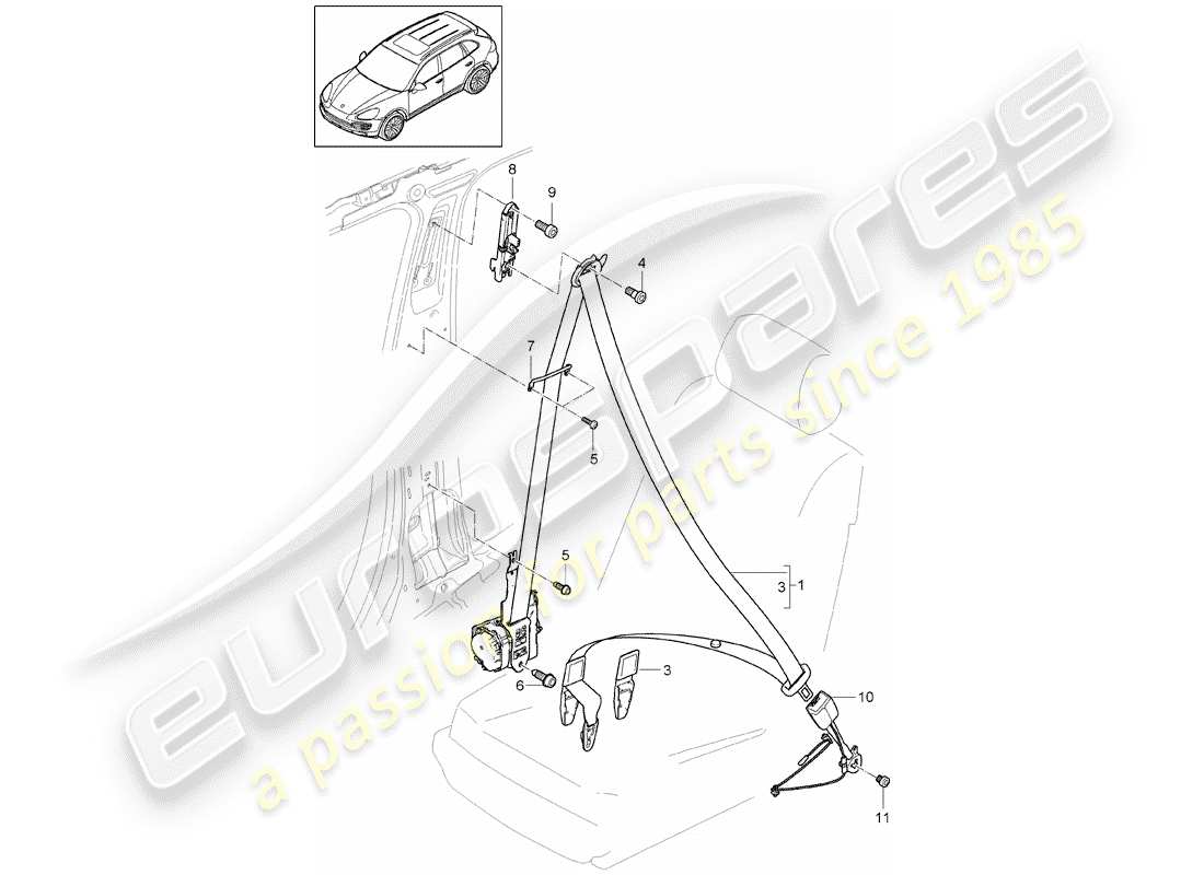 porsche 2017 (cayenne e2 92a) cintura di sicurezza a tre punti diagramma delle parti