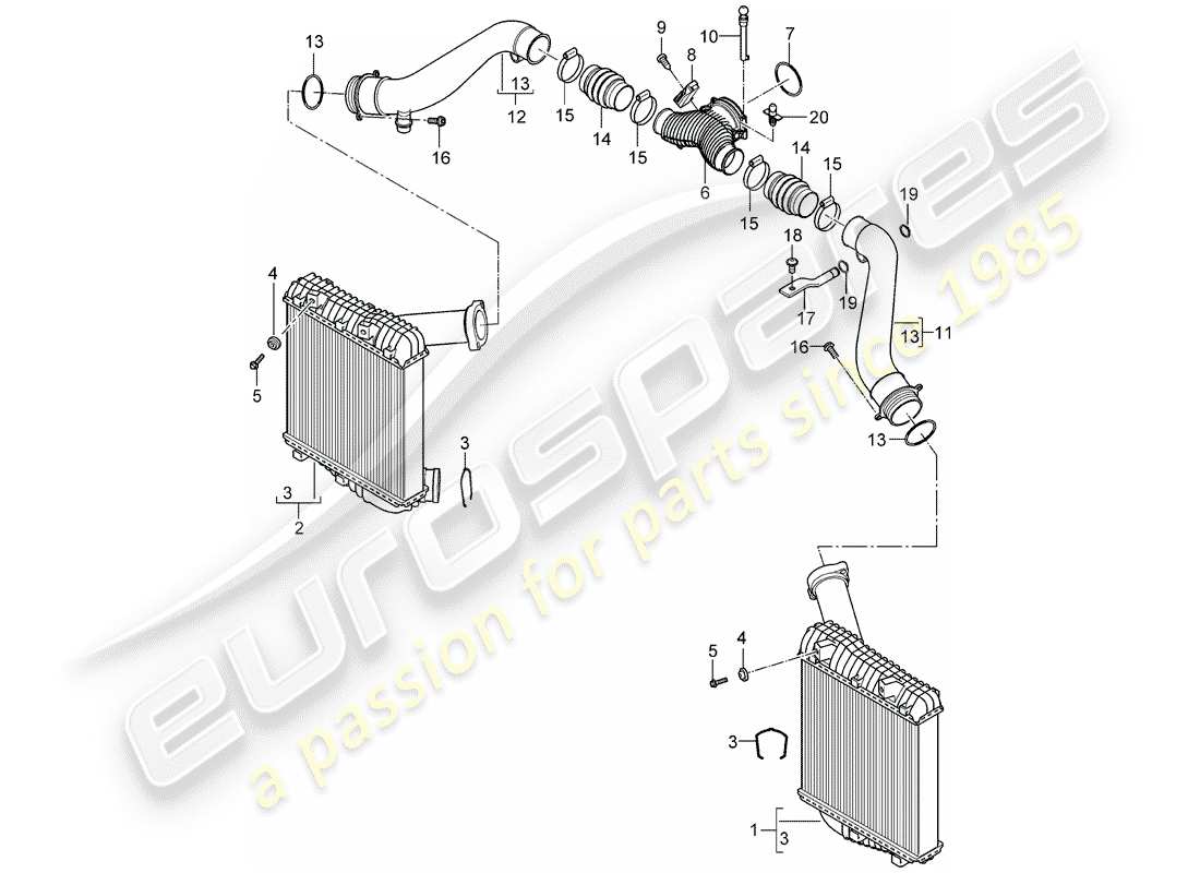 porsche 2009 (cayenne e1 9pa) raffreddatore dell'aria di carica diagramma delle parti