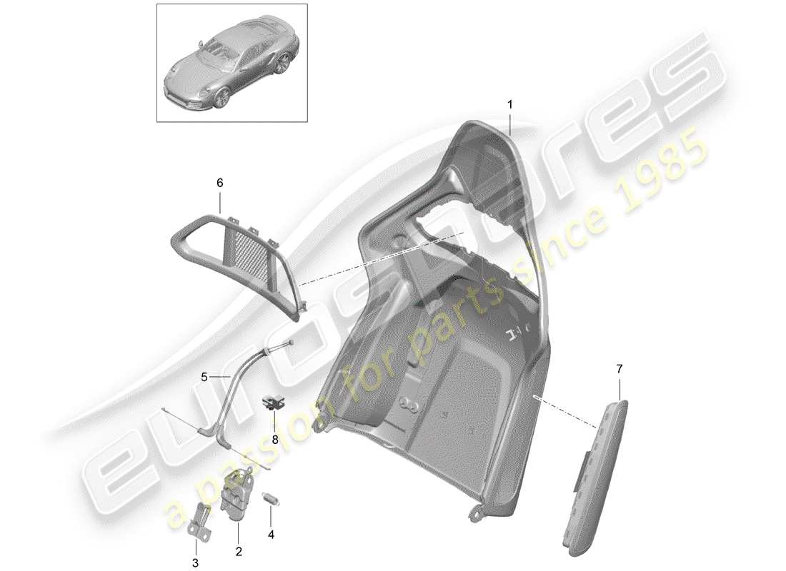 porsche 991 turbo (2020) guscio dello schienale diagramma delle parti