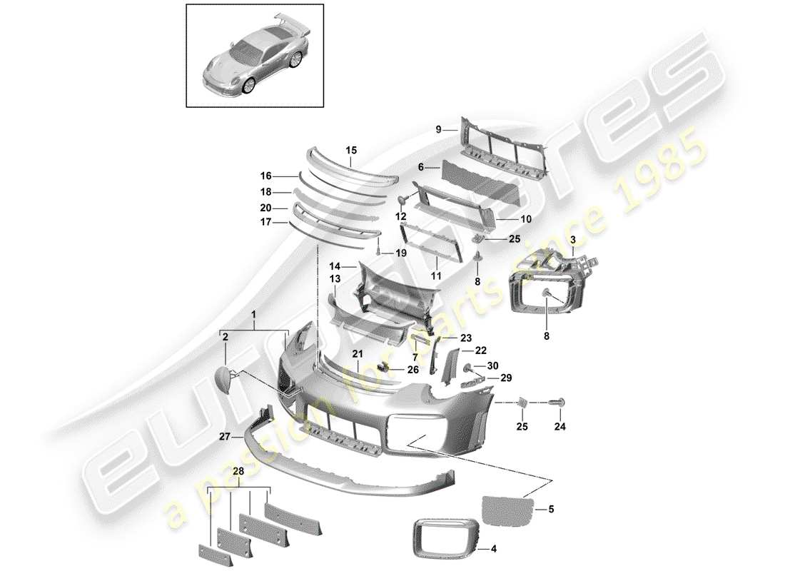 porsche 991 turbo (2019) diagramma delle parti del paraurti