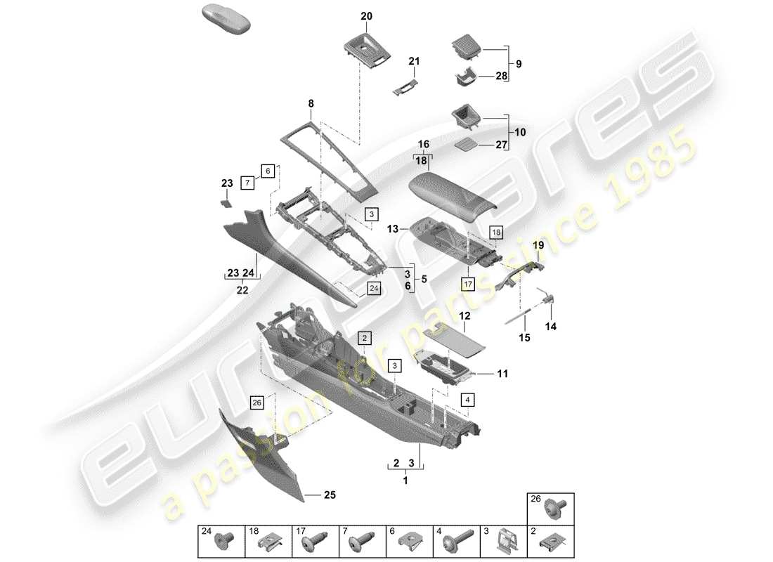 porsche 2020 (718 boxster spyder) console centrale diagramma delle parti