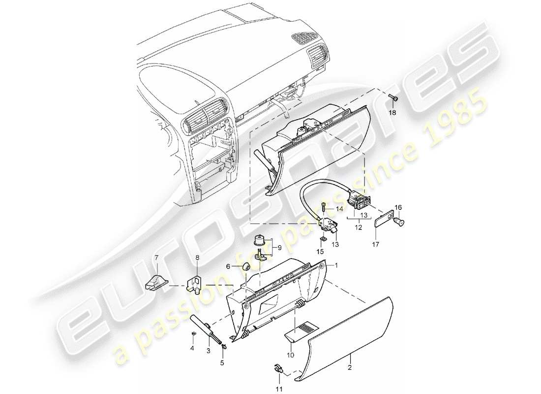 porsche 2003 (cayenne e1 9pa) scatola di guanti diagramma delle parti