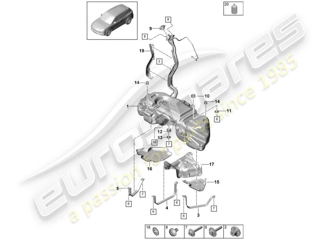 porsche 2020 (cayenne e3 9ya/9yb) serbatoio del carburante con diagramma delle parti