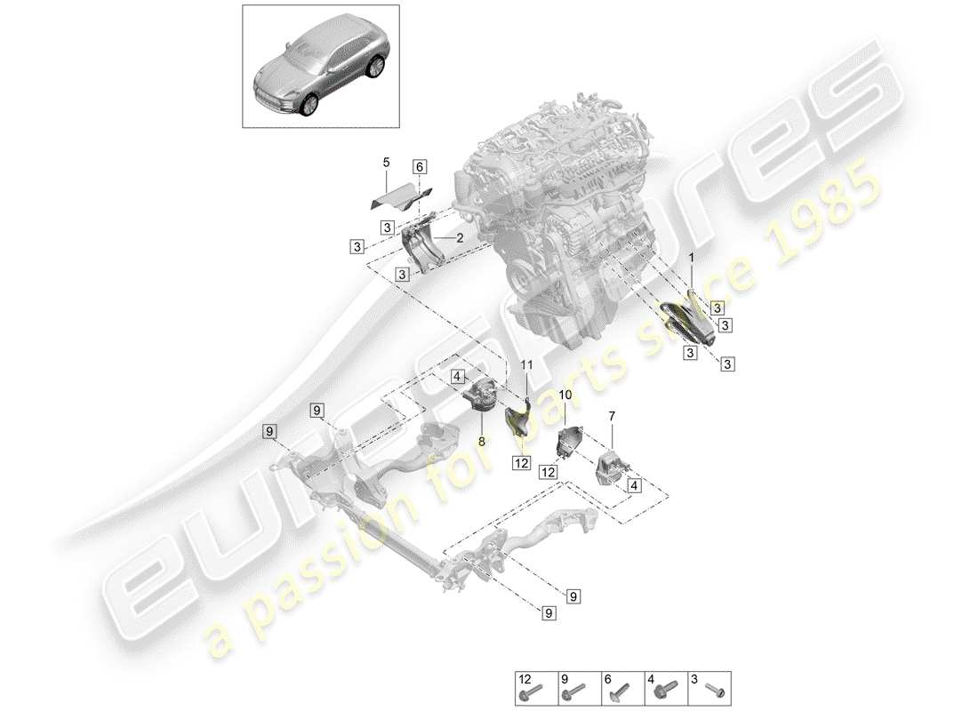 porsche 2019 (macan) paranco di sollevamento del motore diagramma delle parti