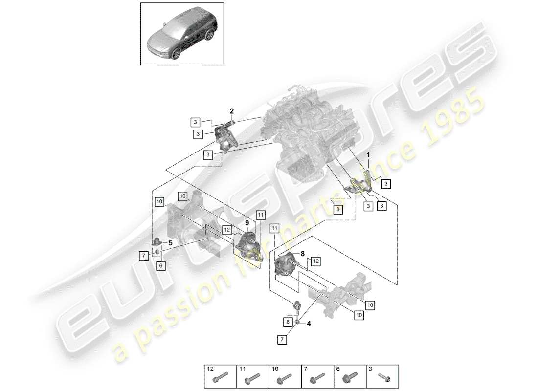 porsche 2019 (cayenne e3 9ya/9yb) attrezzatura di sollevamento motore schema delle parti