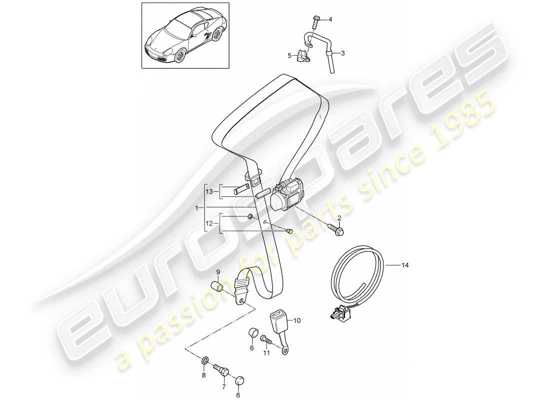 porsche 2011 (987 cayman) cintura di sicurezza a tre punti diagramma delle parti