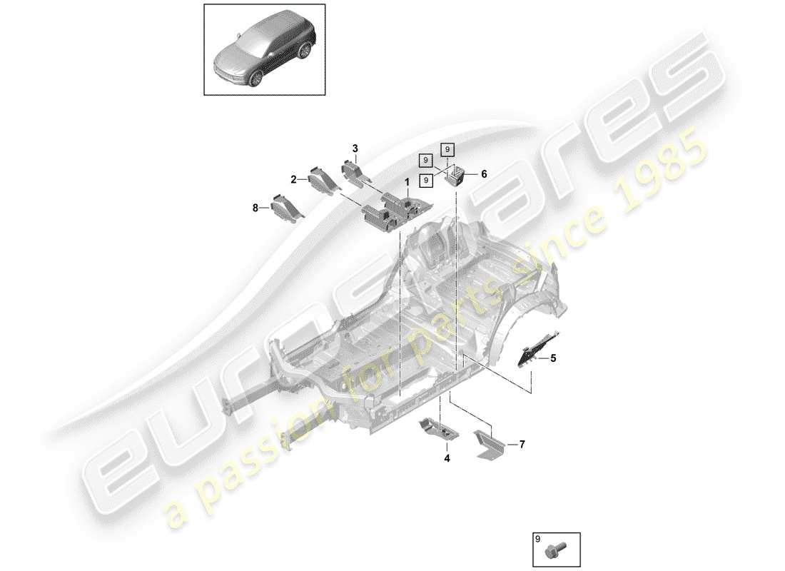 porsche 2018 (cayenne e3 9ya/9yb) piastre da pavimento diagramma delle parti