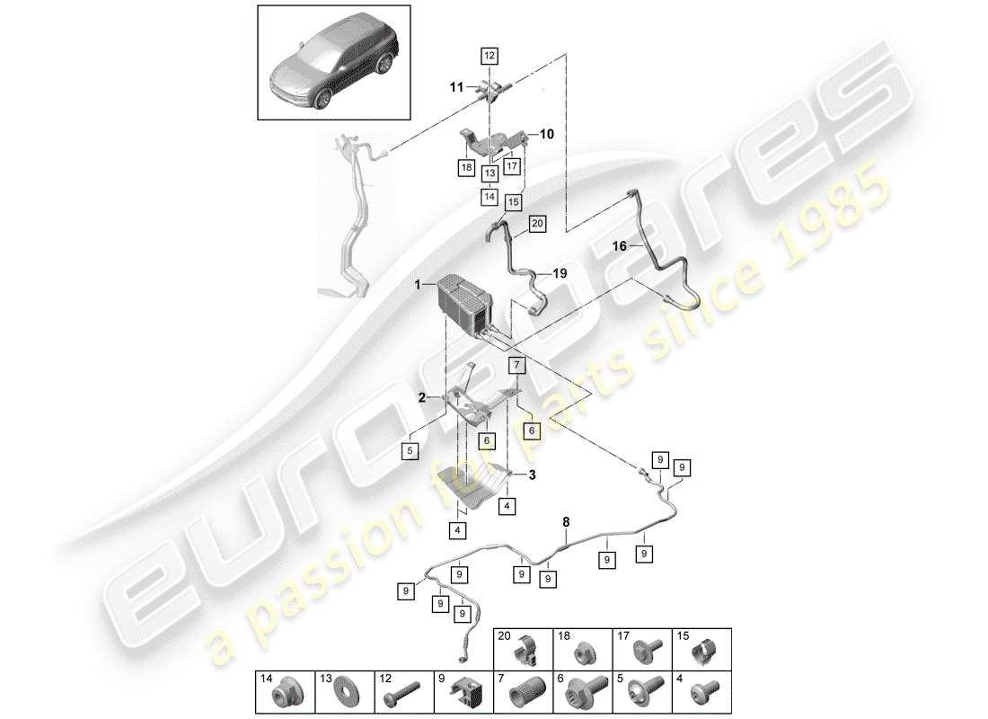porsche 2019 (cayenne e3 9ya/9yb) schema delle parti del contenitore per emissioni evaporative