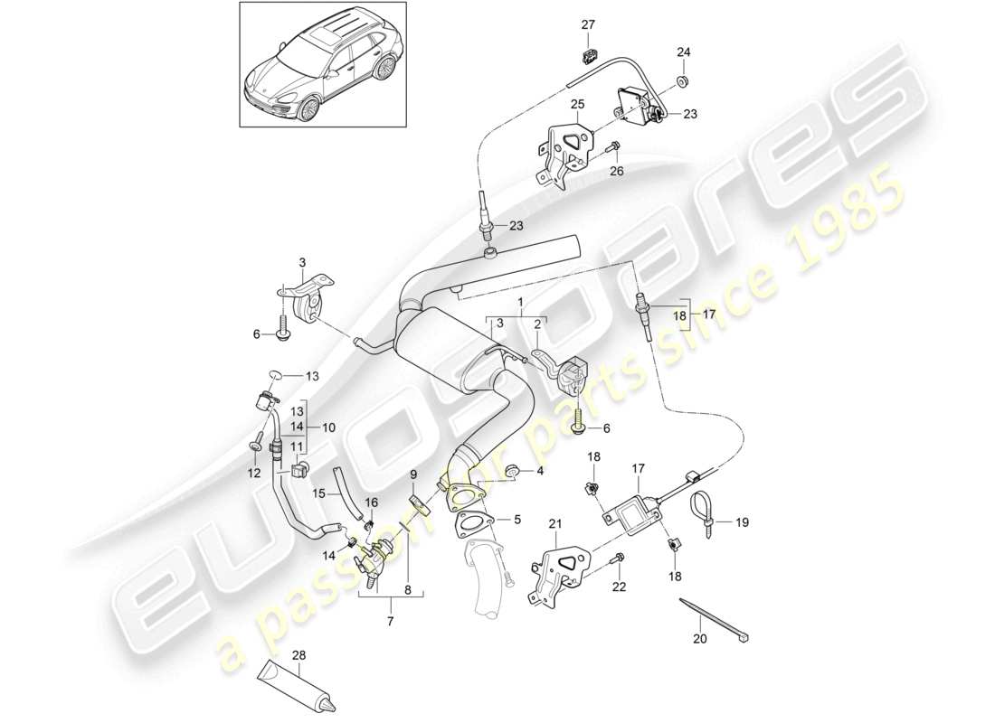 porsche 2012 (cayenne e2 92a) sistema di scarico convertitore catalitico iniettore per agente riducente sensore nox 2 sensore di particelle diagramma delle parti