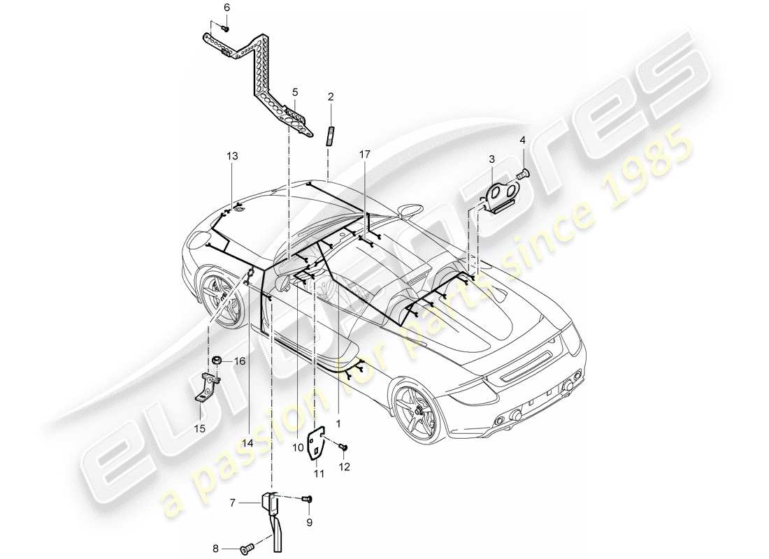 porsche 2004 (carrera gt) cablaggi - abitacolo passeggero - pedaliera - lampada bagagliaio - ripetitore indicatori di direzione - luce cassetto portaoggetti - kit riparazione - impianto freno antibloccaggio -abs- - indicatore usura pastiglie freno - assale anteriore schema delle parti